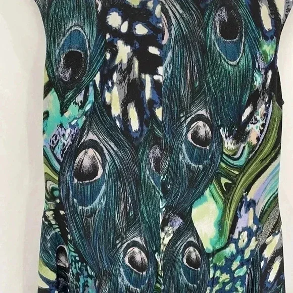 Dressbarn Peacock Sleeveless Dress 6 Black Green Feathers Circle Hem Peep Holes - Picture 9 of 10